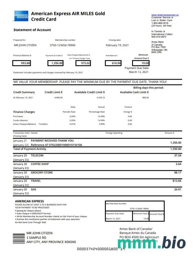 Szablon wyciągu z rachunku karty kredytowej Canada American Express Air Miles Gold w programie Word i PDF